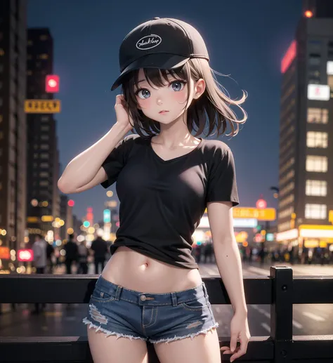 (masterpiece), 1girl, hand through hair,undersized black t shirt, navel, hotpants, public, backstreet, night, cap, blurred background, tilt shift, matte painting, visually stunning, bokeh