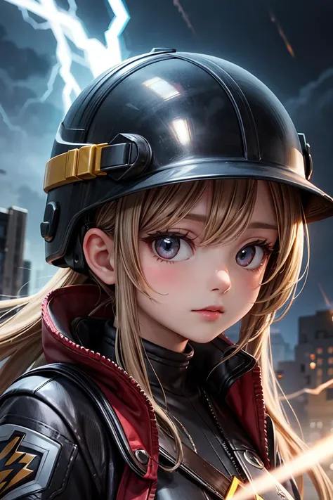 (masterpiece), best quality, high resolution, highly detailed, detailed background, perfect lighting, 1girl, lightning strike, helmet, visor down, gloves, <lora:more_details:0.7>