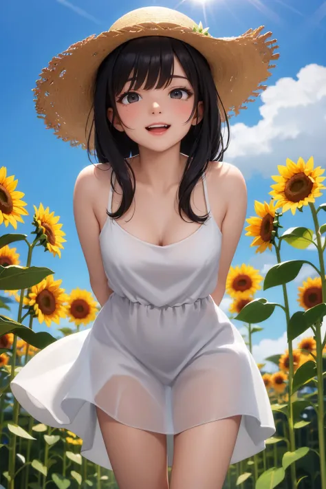 (masterpiece, highres, best quality, ultra detailed, detailed background, cinematic lighting:1.2), (beautiful detailed face, detailled eyes), sunflower field, summer, sunlight, 1girl, black hair, long straight hair, bangs, asymmetrical bangs, black eyes, shiny lips, medium breasts, happy, laughing, white dress, sundress, sun straw hat, looking at viewer, from below, standing, legs apart, arms behind back, leaning, leaning forward, wind