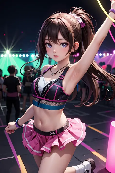 (masterpiece), best quality, high resolution, highly detailed, detailed background, perfect lighting, 1girl, raver, music festival, dancing, glow sticks, night, neon lights, <lora:more_details:0.3>