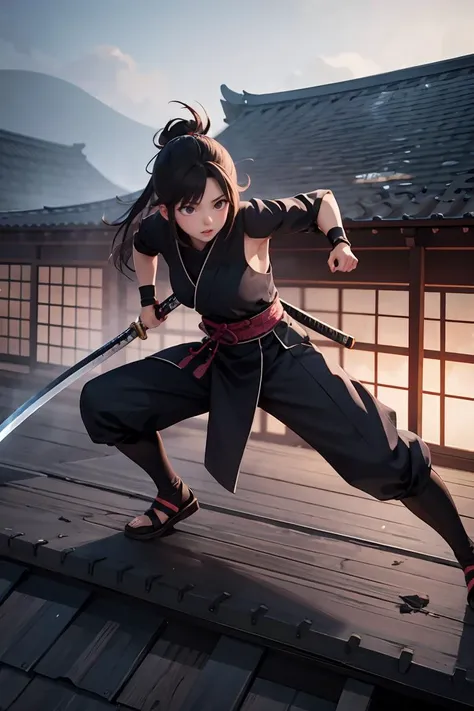 (masterpiece), best quality, high resolution, highly detailed, detailed background, perfect lighting, 1girl, ninja, katana, temple, gaiden, roof top, attacking foe