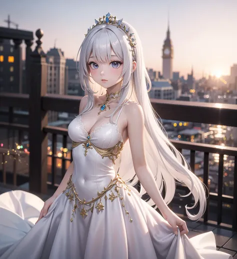 (masterpiece), 1girl, long white hair, princess, fantasy, elegant, innocent, hand through hair, prom,blurred background, tilt shift, matte painting, visually stunning, bokeh