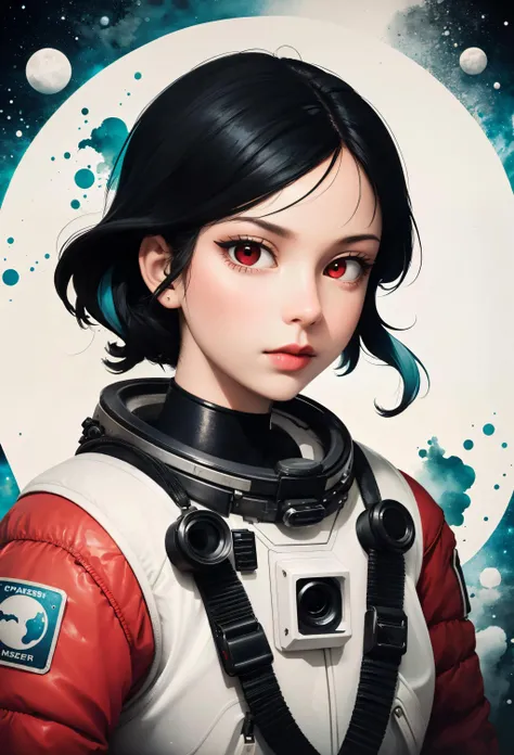 masterpiece, best quality, 1girl, solo, black hair, red eyes, space suit , scenery, ink, <lora:Ink scenery:1>