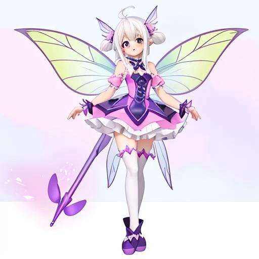 4K,High quality,1Girl,Vtubeuse,cute, cute dress,full body, fairy ear,full body, fairy wing,cute, discreet fairy-wing bootie,white hair,pin in hair,standing figure