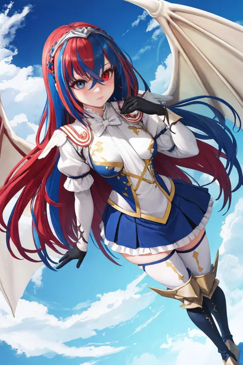 masterpiece, best quality, 1girl, solo, standing, dutch angle, <lora:alear-fe-richy-v1:1> heterochromia, aleardef, knee boots, thighhighs, dynamic angle, gloves, frills, dragon horns, dragon wings,