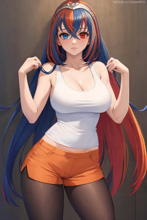 masterpiece, best quality, 1girl, solo, standing, <lora:alear-fe-richy-v1:1> heterochromia, alearrnd, <lora:hooterslucina-fe-richy-v1:0.8> white shirt, tank top, pantyhose, orange shorts, (hooterslucina:0.8)