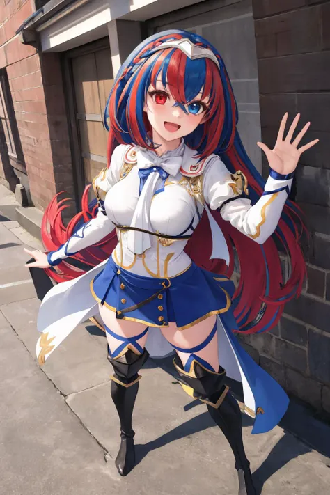 masterpiece, best quality, 1girl, solo, standing, full body, dutch angle, <lora:alear-fe-richy-v1:1> heterochromia, aleardef, :d, knee boots, thighhighs, double v, v, (waving:0.6)