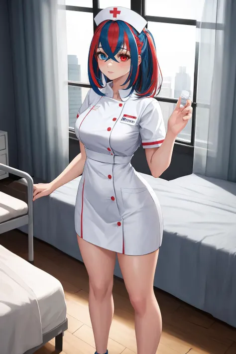 masterpiece, best quality, 1girl, solo, standing, <lora:alear-fe-richy-v1:1> heterochromia, alearrnd, nurse, nurse cap, infirmary, curtains, bed