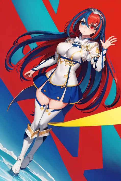 masterpiece, best quality, 1girl, solo, standing, full body, dutch angle, <lora:alear-fe-richy-v1:1> heterochromia, aleardef, knee boots, thighhighs, double v, v, (waving:0.6)
