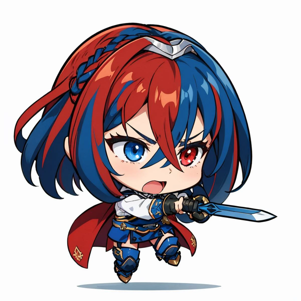 masterpiece, best quality, <lora:alear-fe-richy-v1:0.9> aleardef, heterochromia, gloves, long sleeves, holding sword, running, furrowed brow, yelling, fighting stance <lora:DarkCabalChibiStyle:0.8> chibi, white background, simple background, solo