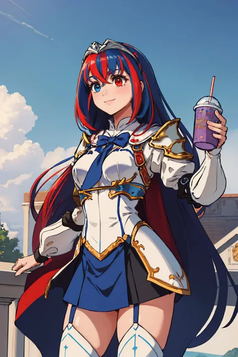 (masterpiece, best quality:1.2), solo, 1girl, aleardef, smile, looking away, grimaceshake, heterochromia, armor, blue skirt, white thighhighs <lora:alear-fe-richy-v1:0.9> <lora:concept_grimaceshake-11:0.9>