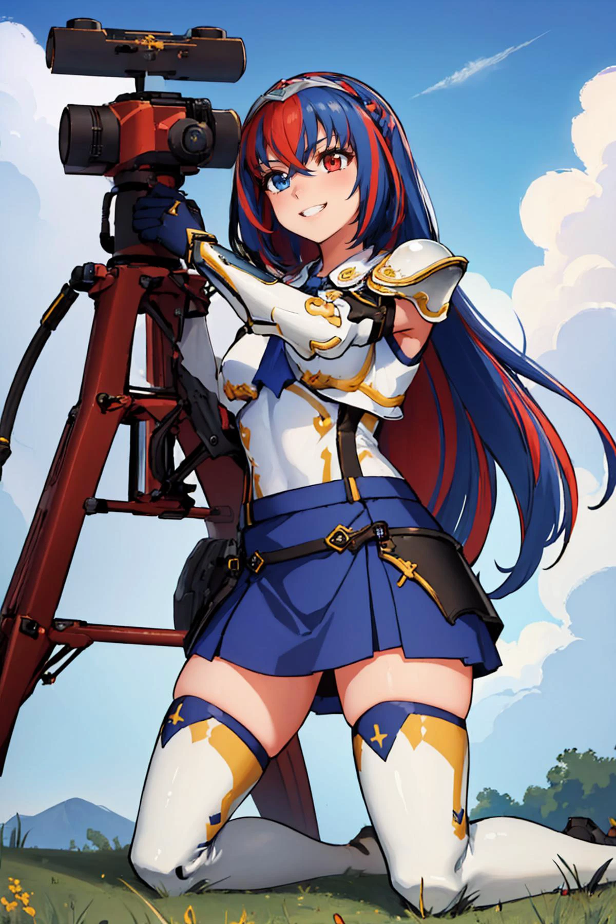 (masterpiece, best quality:1.2), solo, 1girl, aleardef, grin, kneeling, towlauncher, tripod, scope, heterochromia, armor, blue skirt, white thighhighs <lora:alear-fe-richy-v1:1> <lora:tow-concept-richy-v2:1>