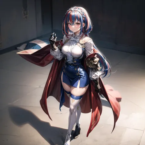 masterpiece, best quality,extremely detailed cg unity 8k wallpaper,incredibly absurdres, <lora:alear-fe-richy-v1:1>,aleardef, heterochromia, gloves, long sleeves,1girl, solo, full body, thighhighs, knee boots,smile ,looking at viewer, <lora:add_detail:1.2> <lora:whitebackground:0.8>,long legs,(slim legs:1.5), skirt,dress,alear \(fire emblem\) \(female\),(from above), from_side, <lora:Xian-T-Betterhand-v1.1:1>,blue skirt, white legwear, white shirt,standing, ,, masterpiece, best quality,extremely detailed cg unity 8k wallpaper,incredibly absurdres