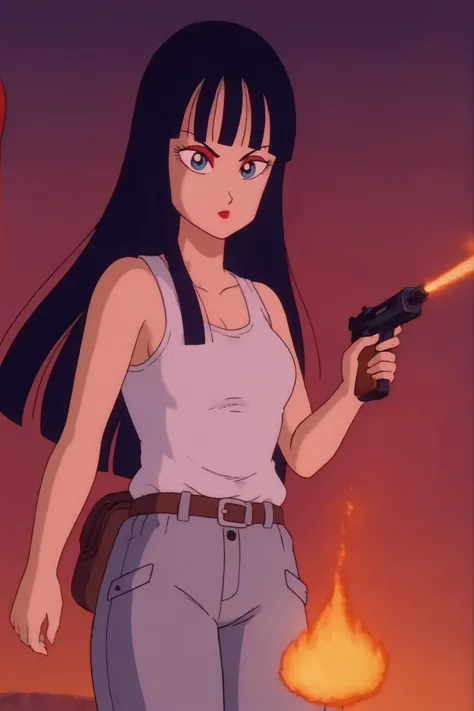source_anime, score_9, score_8_up, score_7_up, anime screencap,8k, absurd res,
mai \(dragon ball\), long hair, bangs, blue eyes, black hair,
white vest, tank top, tan pants, dutch angle, smoke, fire, city in ruins, destruction, wind lift, star \(sky\), holding gun, red theme, aiming at viewer,
<lora:maiDB_pony_v1:0.8>