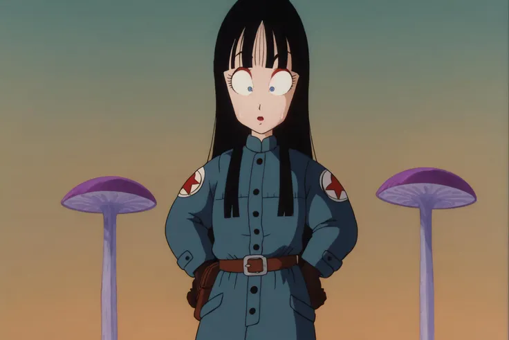 source_anime, score_9, score_8_up, score_7_up, anime screencap,8k, absurd res,
mai \(dragon ball\), solo, long hair, bangs, black hair, belt, blunt bangs, sweatdrop, glowing, tree, hands on hips, dark, 1980s \(style\), anime coloring, blue coat, constricted pupils, gloves, pouch, raised eyebrows, retro artstyle, military uniform, military, upper body, wide-eyed, symbol, star symbol, print sleeves
<lora:maiDB_pony_v1:0.8>