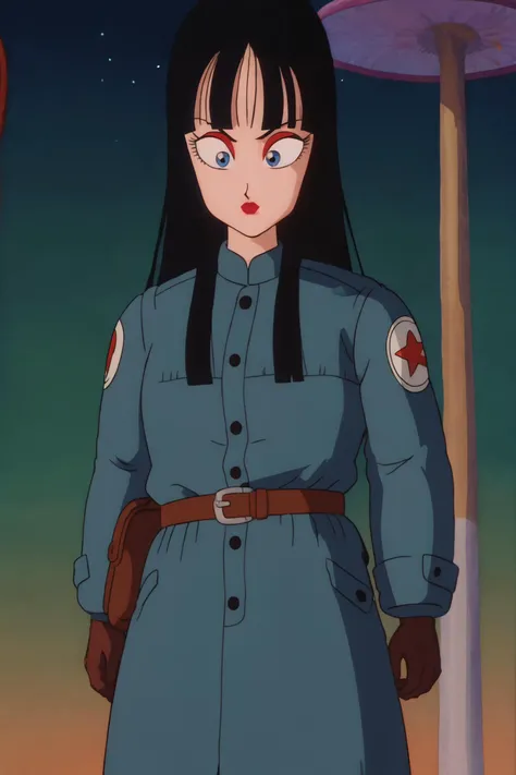 source_anime, score_9, score_8_up, score_7_up, anime screencap,8k, absurd res,
mai \(dragon ball\), makeup, lipstick, solo, long hair, bangs, blue eyes, night sky, star \(sky\), black hair, brown gloves, belt, military uniform, pouch, print sleeves, floating hair,
<lora:maiDB_pony_v1:0.8>
