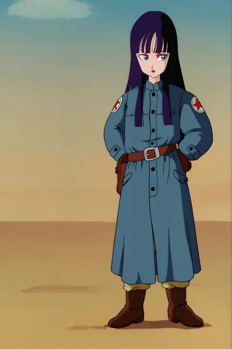source_anime, score_9, score_8_up, score_7_up, anime screencap,8k, absurd res,
mai \(dragon ball\), makeup, lipstick, solo, long hair, bangs, blue eyes, blue sky, black hair, gloves, desert, standing, full body, purple hair, boots, belt, coat, military, military uniform, tan pants, brown footwear, hands on hips, pouch, print sleeves, symbol, star symbol, looking to the side
<lora:maiDB_pony_v1:0.8>
