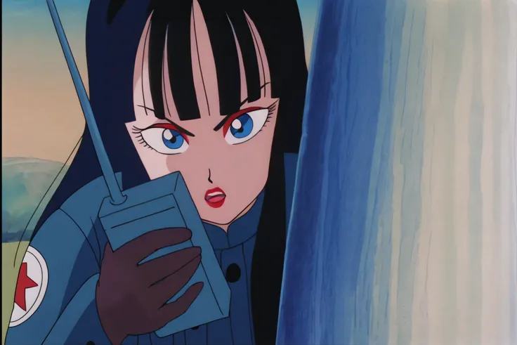 source_anime, score_9, score_8_up, score_7_up, anime screencap,8k, absurd res,
mai \(dragon ball\), solo, long hair, looking at viewer, open mouth, bangs, blue eyes, black hair, gloves, holding, blunt bangs, coat, makeup, hiding behind tree, retro artstyle, 1980s \(style\), anime coloring, blue coat, holding walkie-talkie, military, military uniform, official style, print sleeves, serious, v-shaped eyebrows, symbol, star symbol, mountainous horizon, red lips
<lora:maiDB_pony_v1:0.8>