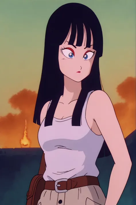 source_anime, score_9, score_8_up, score_7_up, anime screencap,8k, absurd res,
mai \(dragon ball\), long hair, bangs, blue eyes, black hair,
white vest, tank top, tan pants, dutch angle, smoke, fire, city in ruins, destruction, wind lift,
<lora:maiDB_pony_v1:0.8>