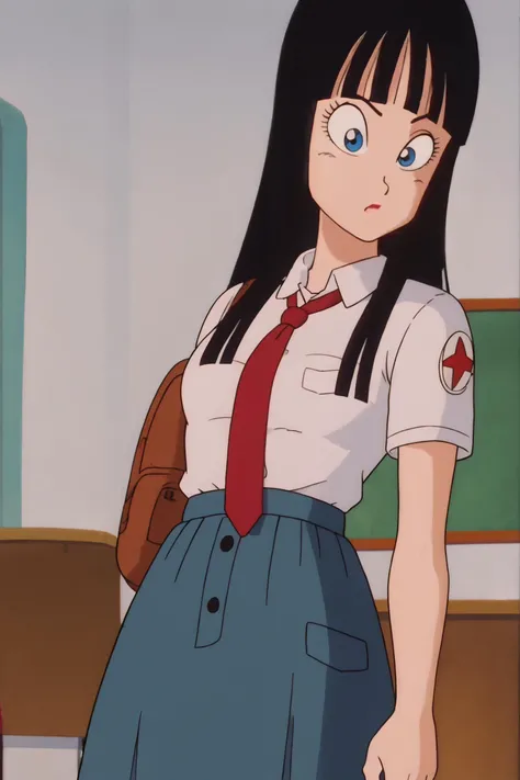 source_anime, score_9, score_8_up, score_7_up, anime screencap,8k, absurd res,
mai \(dragon ball\), long hair, bangs, blue eyes, black hair,
school uniform, collared shirt, skirt, necktie, partially unbuttoned,
<lora:maiDB_pony_v1:0.8>