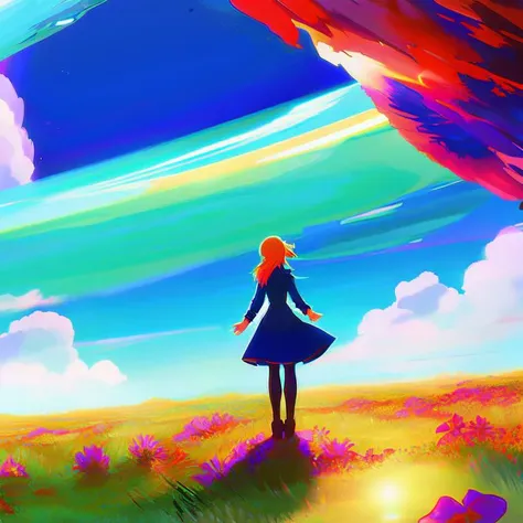 (GlitchStick:1) anime, pretty woman looks at a giant flower in the sky, anime, digital art, trending on artstation, hd, 8 k, sharp high quality artwork in style of greg rutkowski, concept art, blizzard warcraft artwork, hearthstone card artwork, league of legends artwork, bright colors, blue sky background, red flowers, yellow grass, red leaves, orange sun,red clouds, ocean floor, fighting each __overcomer08__