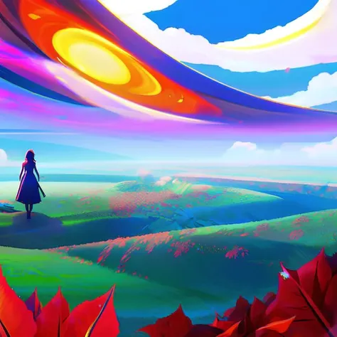 (GlitchStick:1) anime, pretty woman looks at a giant flower in the sky, anime, digital art, trending on artstation, hd, 8 k, sharp high quality artwork in style of greg rutkowski, concept art, blizzard warcraft artwork, hearthstone card artwork, league of legends artwork, bright colors, blue sky background, red flowers, yellow grass, red leaves, orange sun,red clouds, ocean floor, fighting each __overcomer08__