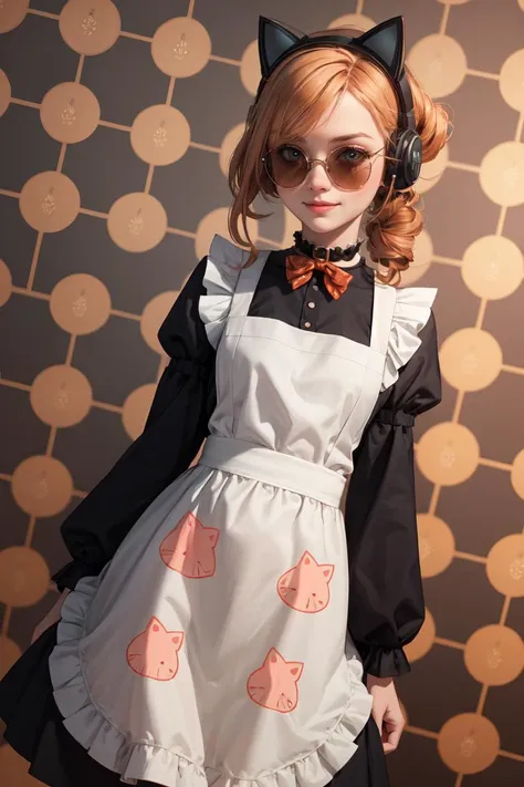 (best quality), super fine concept art, 1girl, solo, petite, dutch angle, twisted updo, smile, IncrsHeadphones, <lora:HeadphonesWithCatearsV2:0.9>, maid, bow, long sleeves, black sleeves, frill apron, choker, sunglasses, black and orange tone, (cat patterns background:1.3), <lora:add_detail:0.3>,