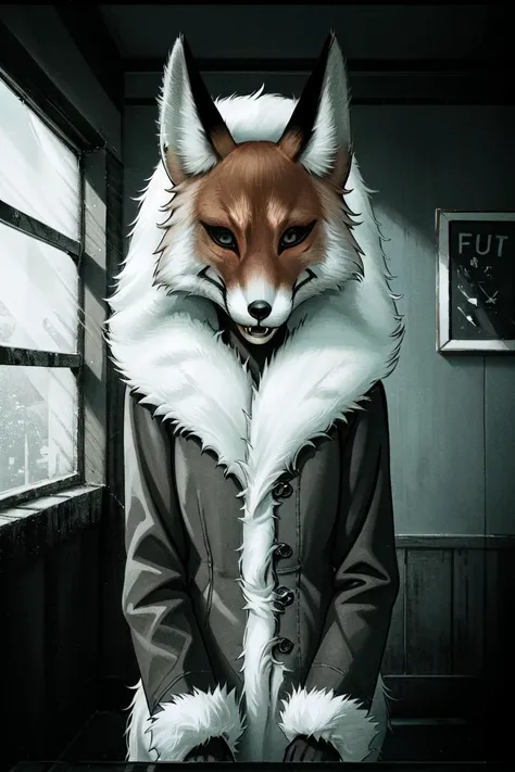 alice, solo, 1girl, animal ears, female focus, indoors, tree, fox mask, furry, fur-trimmed sleeves, fur-trimmed coat, fox ears <lora:Alice:0.6>, slate atmosphere, cinematic, dimmed colors, dark shot, muted colors, film grainy, lut, spooky