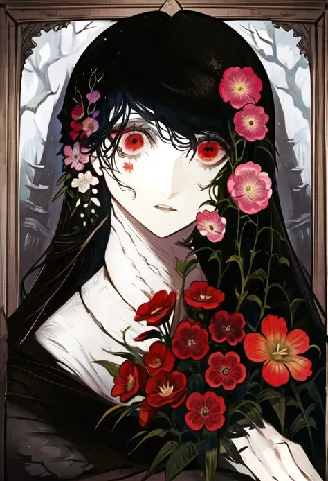 SFW,masutepiece, Best Quality, High resolution, 1woman, upper body, Details , detail hands, Detail fingers, Detail Face, detail legs, watercolor paiting, in graveyard, black hair, long hair, tattered clothes, black eyes, zombie, skull, bone, (art nouveau:1.25), Maximalism artstyle, neon theme, suprematism, crying, beautiful detailed eyes,hyper detailed, beautifuly color, high details, high quality, back light, upper body , high quality, hair with body, cluster amaryllis, zombie, rotungwoka person, priest, black tears, shed tears,