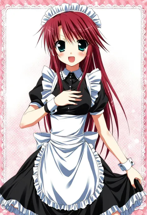 cute, kawaii, 2000s anime, moe anime, 2000s anime style, moe anime style, 1girl, solo, bang dream!, udagawa tomoe, red hair, aqua eyes, maid dress, frills, maid headdress, (SuperQuality)