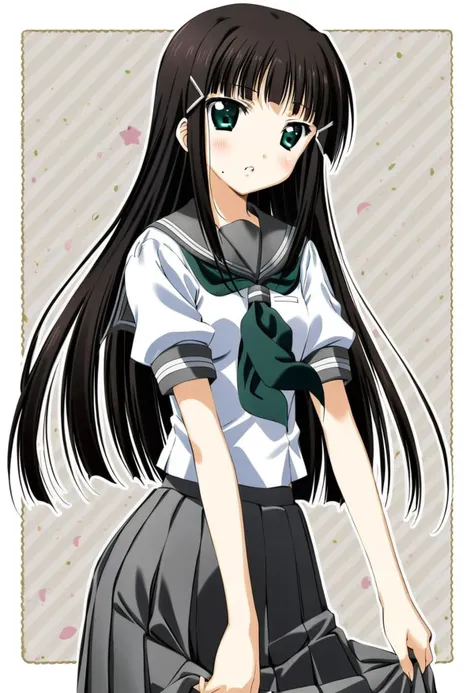 cute, kawaii, 2000s anime, moe anime, 2000s anime style, moe anime style, 1girl, solo, kurosawa dia, green eyes, hair ornament, long hair, mole under mouth, uranohoshi school uniform, short sleeves, pleated skirt, neckerchief, grey skirt, grey sailor collar, green neckerchief, (SuperQuality)