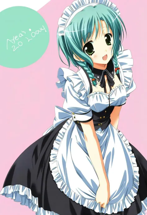 cute, kawaii, 2000s anime, moe anime, 2000s anime style, moe anime style, 1girl, solo, bang dream!, hikawa hina, aqua hair, green eyes, tsurime, side braids, maid dress, frills, maid headdress, (SuperQuality)