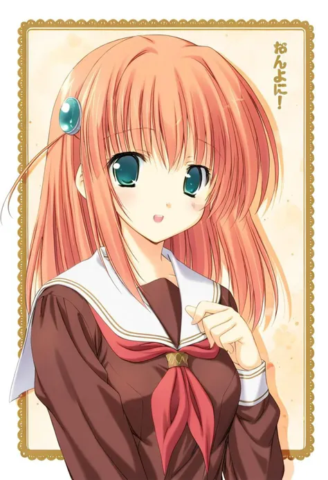 cute, kawaii, 2000s anime, moe anime, 2000s anime style, moe anime style, 1girl, solo, hinoshita kaho, upper body, school uniform, upper body, school uniform, brown serafuku, white sailor collar, red neckerchief, long sleeves, orange hair, aqua eyes, hair ornament, (SuperQuality)