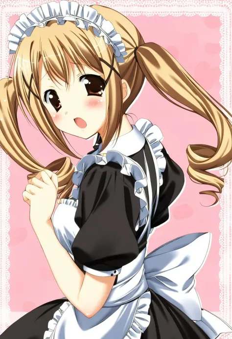 cute, kawaii, 2000s anime, moe anime, 2000s anime style, moe anime style, 1girl, solo, bang dream!, ichigaya arisa, blonde hair, brown eyes, twintails, blush, maid dress, frills, maid headdress, (SuperQuality)