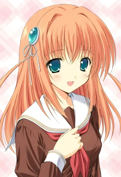 cute, kawaii, 2000s anime, moe anime, 2000s anime style, moe anime style, 1girl, solo, hinoshita kaho, upper body, school uniform, upper body, school uniform, brown serafuku, white sailor collar, red neckerchief, long sleeves, orange hair, aqua eyes, hair ornament, (SuperQuality)