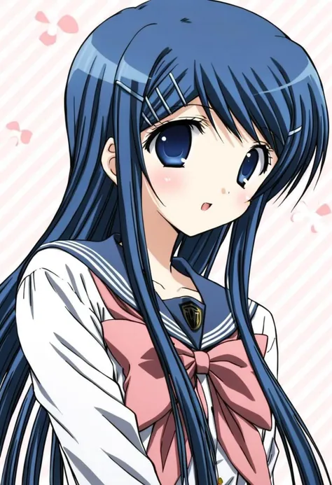 cute, kawaii, 2000s anime, moe anime, 2000s anime style, moe anime style, 1girl, solo, (blue hair, maizono sayaka, 1girl, long hair, bangs, hair ornament, hairclip, blue eyes), school uniform, sailor collar, shirt, serafuku, bow, pink bow, blue sailor collar, (SuperQuality)