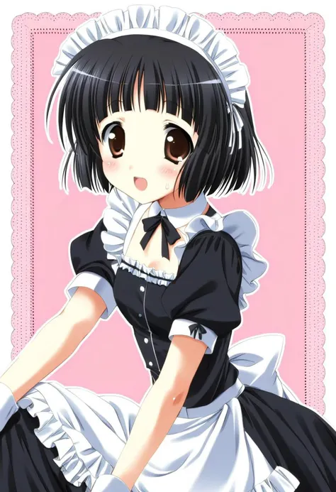 cute, kawaii, 2000s anime, moe anime, 2000s anime style, moe anime style, 1girl, solo, bang dream!, ushigome rimi, black hair, brown eyes, short hair, bangs, maid dress, frills, maid headdress, (SuperQuality)