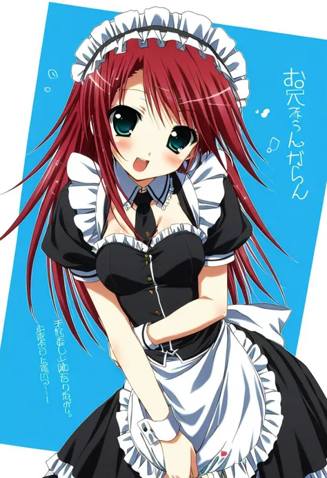 cute, kawaii, 2000s anime, moe anime, 2000s anime style, moe anime style, 1girl, solo, bang dream!, udagawa tomoe, red hair, aqua eyes, maid dress, frills, maid headdress, (SuperQuality)