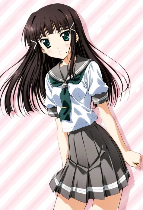 cute, kawaii, 2000s anime, moe anime, 2000s anime style, moe anime style, 1girl, solo, kurosawa dia, green eyes, hair ornament, long hair, mole under mouth, uranohoshi school uniform, short sleeves, pleated skirt, neckerchief, grey skirt, grey sailor collar, green neckerchief, (SuperQuality)