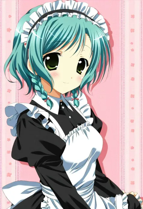 cute, kawaii, 2000s anime, moe anime, 2000s anime style, moe anime style, 1girl, solo, bang dream!, hikawa hina, aqua hair, green eyes, tsurime, side braids, maid dress, frills, maid headdress, (SuperQuality)