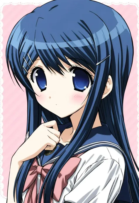 cute, kawaii, 2000s anime, moe anime, 2000s anime style, moe anime style, 1girl, solo, (blue hair, maizono sayaka, 1girl, long hair, bangs, hair ornament, hairclip, blue eyes), school uniform, sailor collar, shirt, serafuku, bow, pink bow, blue sailor collar, (SuperQuality)