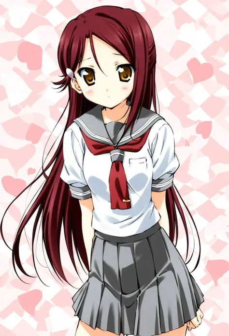 cute, kawaii, 2000s anime, moe anime, 2000s anime style, moe anime style, 1girl, solo, sakurauchi riko, red hair, yellow eyes, long hair, hairclip, uranohoshi school uniform, short sleeves, pleated skirt, neckerchief, red neckerchief, grey skirt, (SuperQuality)