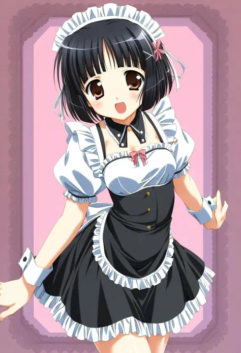 cute, kawaii, 2000s anime, moe anime, 2000s anime style, moe anime style, 1girl, solo, bang dream!, ushigome rimi, black hair, brown eyes, short hair, bangs, maid dress, frills, maid headdress, (SuperQuality)