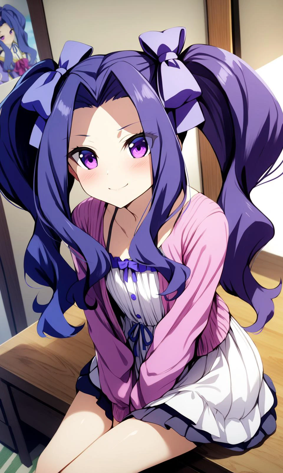 1girl, meltyqmelromarc, solo, twintails, 1girl, smile, long hair, bow, blush, purple eyes, looking at viewer, hair bow, casual,
looking at viewer, light smile, sitting,
indoors,
masterpiece, best quality, very aesthetic, by nakabayashi_zun,
<lora:MeltyQMelromarc_XL:1>