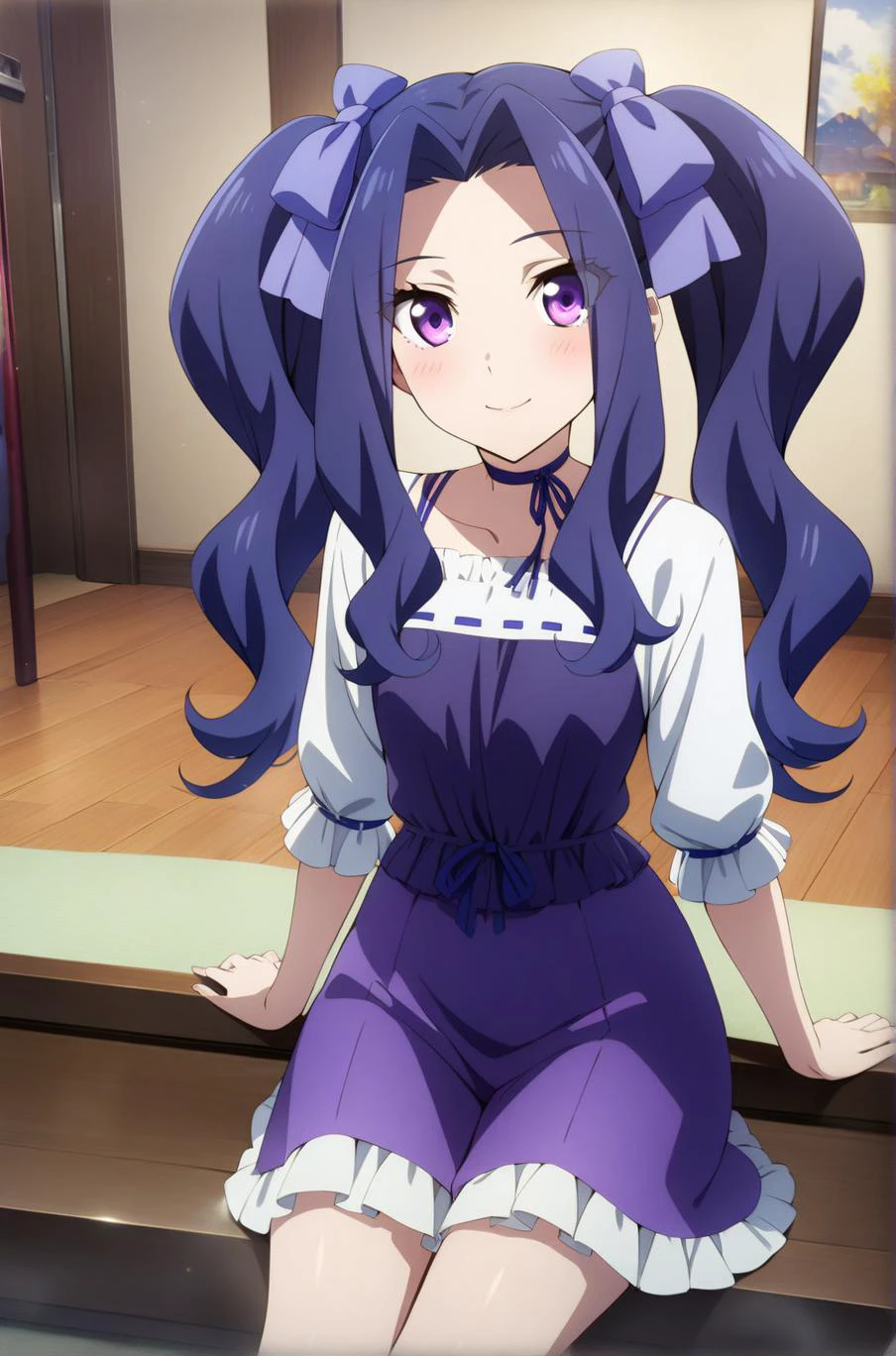 1girl, meltyqmelromarc, solo, twintails, 1girl, smile, long hair, bow, blush, purple eyes, looking at viewer, hair bow, casual,
looking at viewer, light smile, sitting,
indoors,
masterpiece, best quality, very aesthetic, official art,
<lora:MeltyQMelromarc_XL:1>