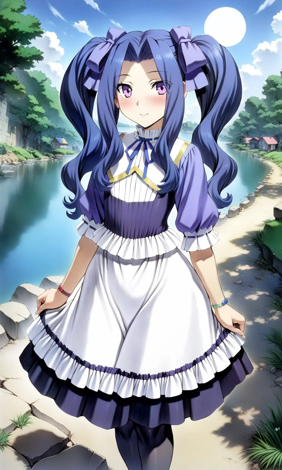 1girl, meltyqmelromarc, solo, twintails, 1girl, smile, long hair, bow, blush, purple eyes, hair bow, dress, frills, pantyhose,
looking at viewer, light smile, standing, happy,
outdoors, sun, river,
masterpiece, best quality, very aesthetic, by mogudan,
<lora:MeltyQMelromarc_XL:1> <lora:sd_xl_dpo_lora_v1:0.35>