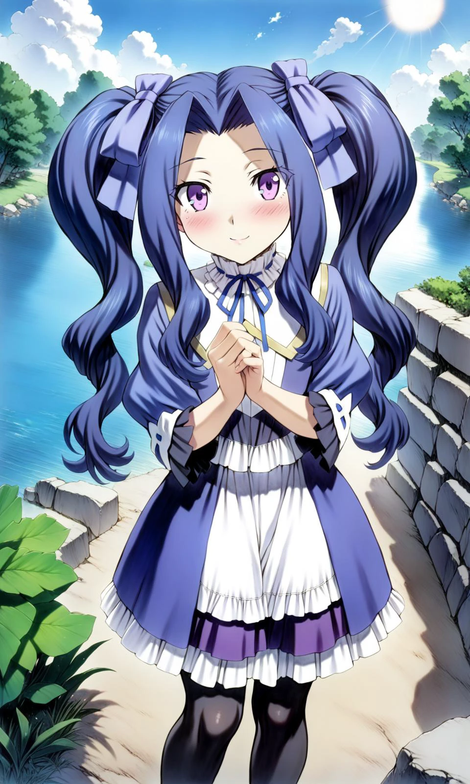 1girl, meltyqmelromarc, solo, twintails, 1girl, smile, long hair, bow, blush, purple eyes, hair bow, dress, frills, pantyhose,
looking at viewer, light smile, standing, happy,
outdoors, sun, river,
masterpiece, best quality, very aesthetic, by mogudan,
<lora:MeltyQMelromarc_XL:1> <lora:sd_xl_dpo_lora_v1:0.35>