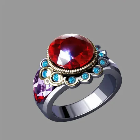 ring, game item design, metallic texture, still life, set gemstone, complex pattern, no man, gemstone, simple background, gray background, crystal, shiny, red gemstone<lora:ring:1>