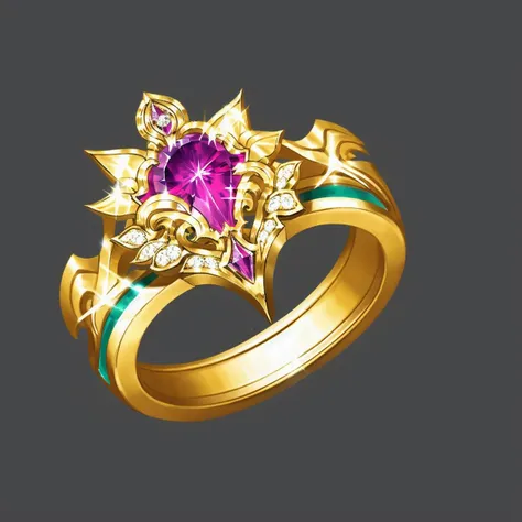 Game item design, ring, still life, no human, simple background, set gemstones, gray background, black background, gold ornament<lora:ring:1>