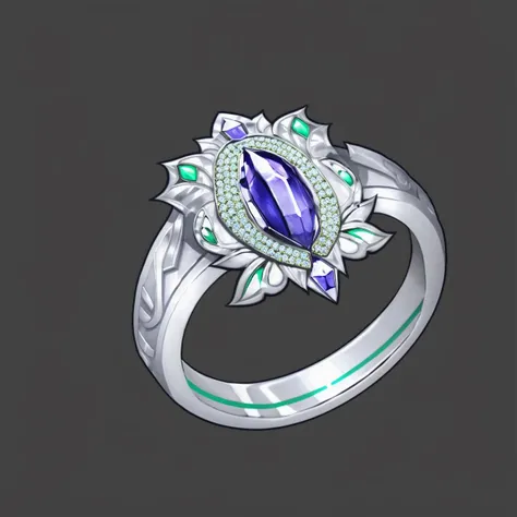 Game prop design, ring, still life, still life, no humans, black background, simple background, emerald, silver metallic pattern <lora:Game rings:1>